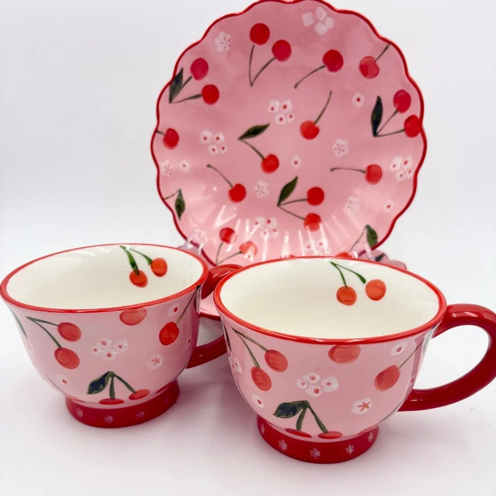 Potters Studio Cherry Blossom Bowl Cup Set Pedestal Mug Plate Pink Cottagecore